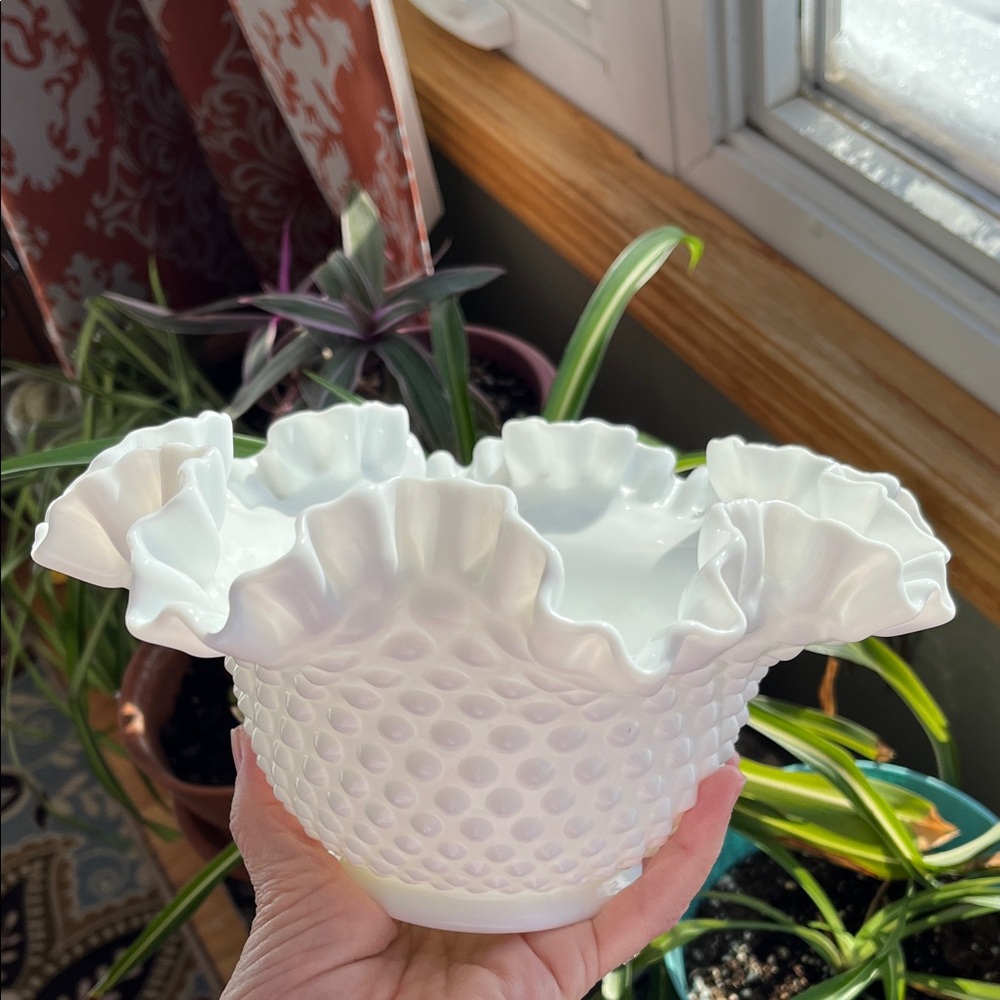 Vtg Fenton White Hobnail Ruffle Crimped Edge Bowl Candy Trinket Dish Romantic